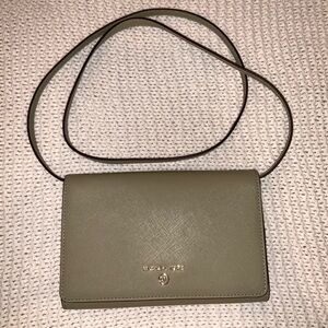Michael Kors Light Green Khaki Leather Jet Set Crossbody Clutch